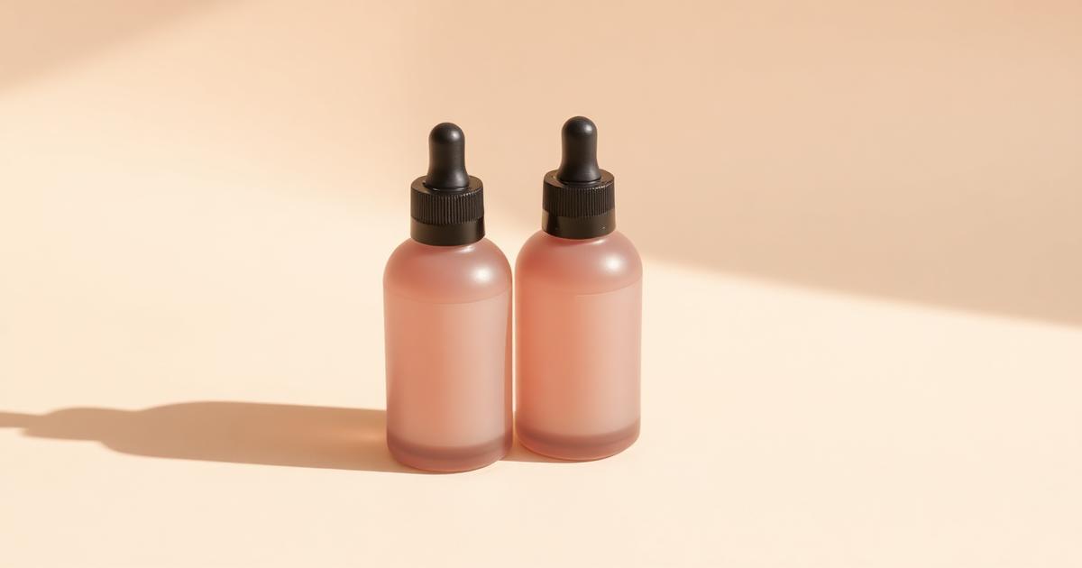 Two identical unbranded serum bottles side by side on a warm ivory background
